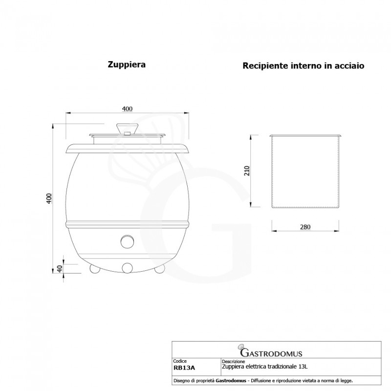 Zuppiera capacità 13 litri, corpo in acciaio verniciato e bollitore in acciaio inossidabile Ø 400 mm x 400 mm