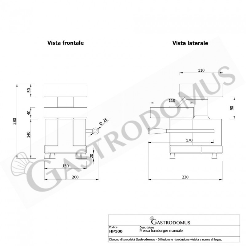 Pressa hamburger manuale Ø  100 mm L 280 mm x P 230 mm x H 310 mm vista frontale e laterale