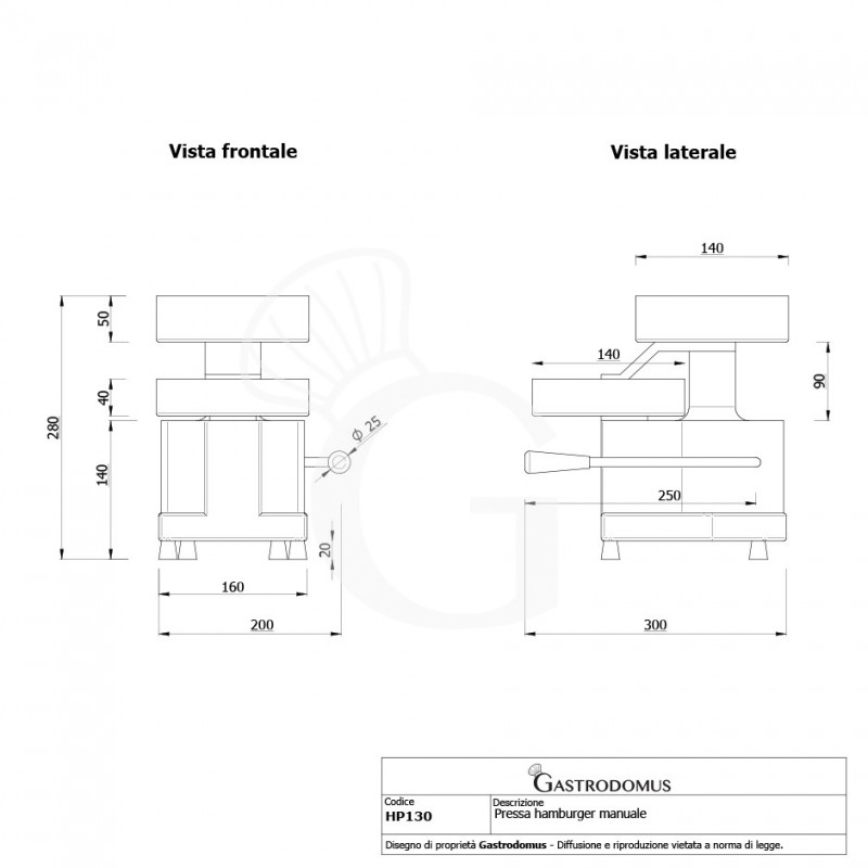 Pressa hamburger manuale Ø  130 mm, L 280 mm x P 230 mm x H 310 mm vista frontale e laterale