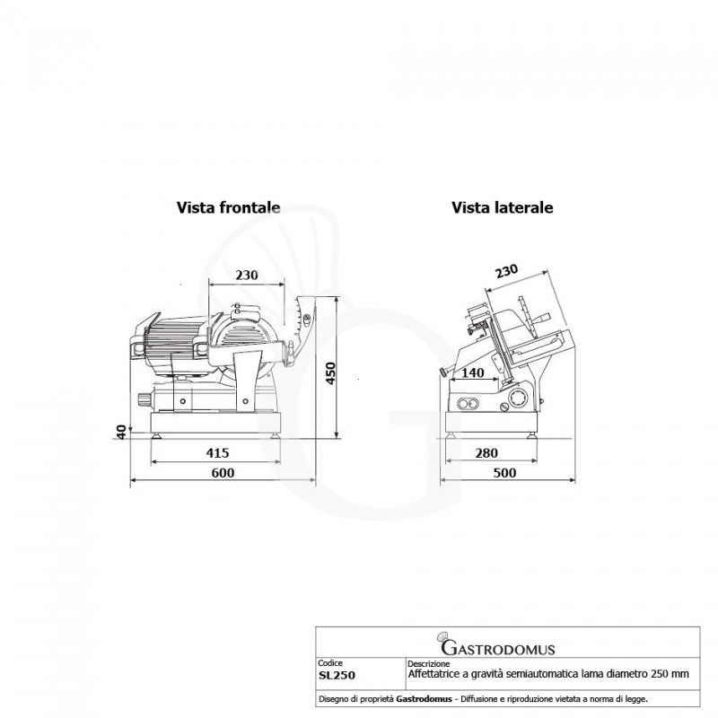 Affettatrice a gravità semiautomatica lama diametro 250 mm - Monofase vista frontale e laterale
