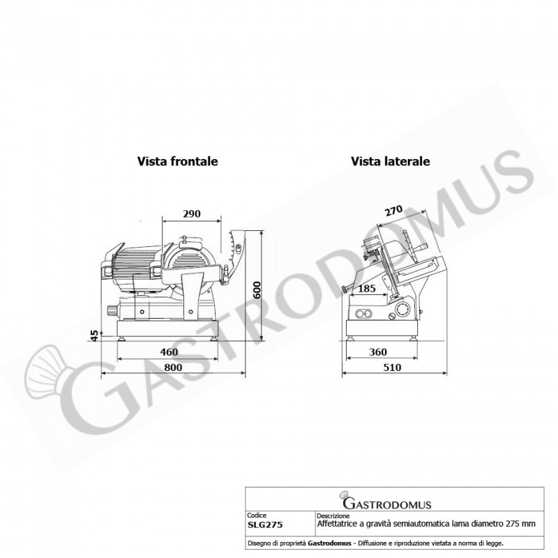 Affettatrice a gravità semiautomatica lama diametro 275 mm - Monofase vista frontale e laterale