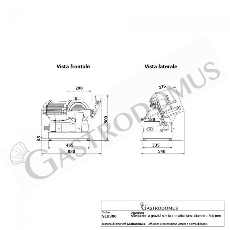 Affettatrice a gravità semiautomatica lama diametro 300 mm - Monofase vista frontale e laterale
