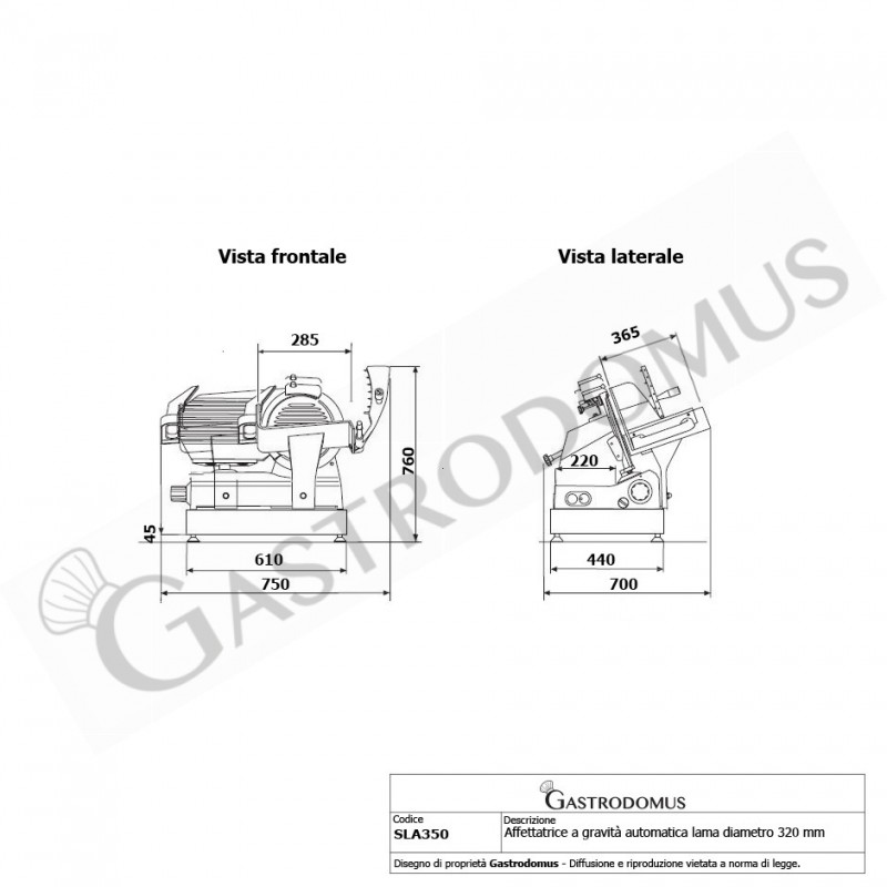 Affettatrice a gravità automatica lama diametro 320 mm - Monofase vista frontale e laterale