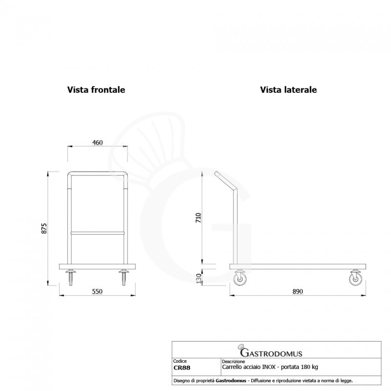 Carrello acciaio inox 1 ripiano L 890 mm x P 550 mm x H 875 mm portata 180 kg vista frontale e laterale
