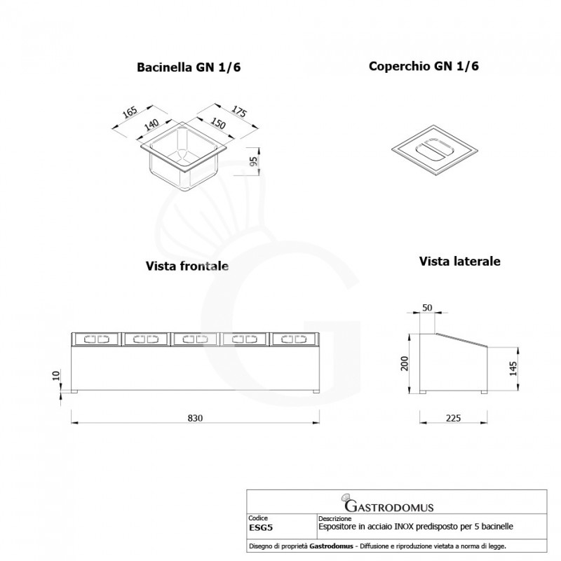 Espositore in acciaio inox predisposto per 5 bacinelle GN1/6 - dimensioni L 830 mm x P 225 mm x H 200 mm