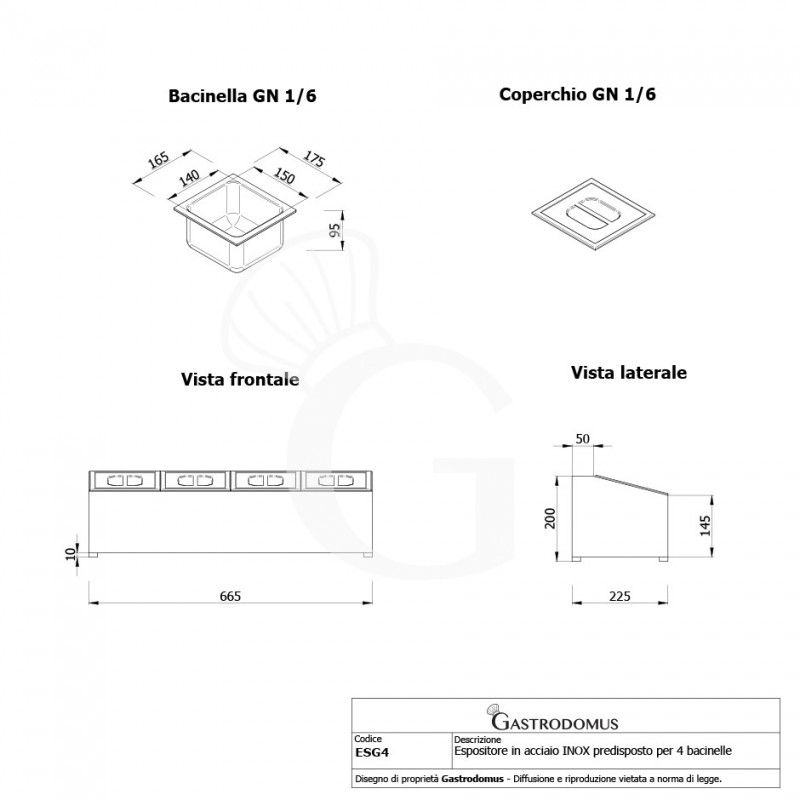 Espositore in acciaio inox predisposto per 4 bacinelle GN1/6 - dimensioni L 665 mm x P 225 mm x H 200 mm