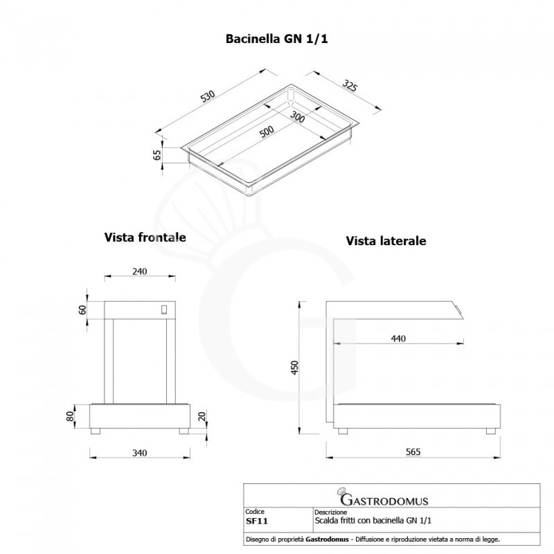 Scalda fritti con GN 1/1 inclusa - dimensioni L 340 mm x P 565 mm x H 450 mm - vista frontale e laterale