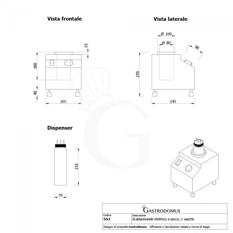 Scaldavivande elettrico a secco - una vasca con capacità 650 ML - vista frontale e laterale