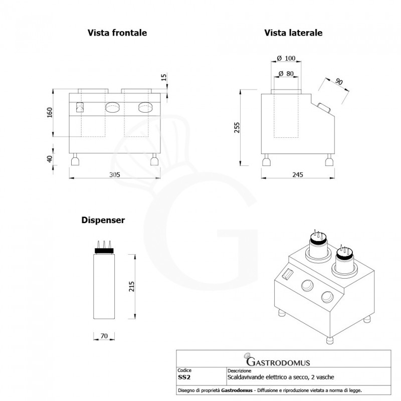 Scaldavivande elettrico a secco - due vasche con capacità 650 ML ciascuna - vista frontale e laterale