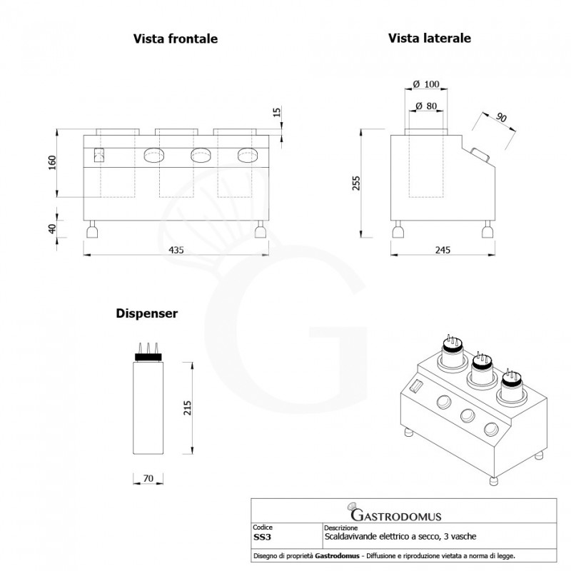 Scaldavivande elettrico a secco - tre vasche con capacità 650 ML ciascuna - vista frontale e laterale