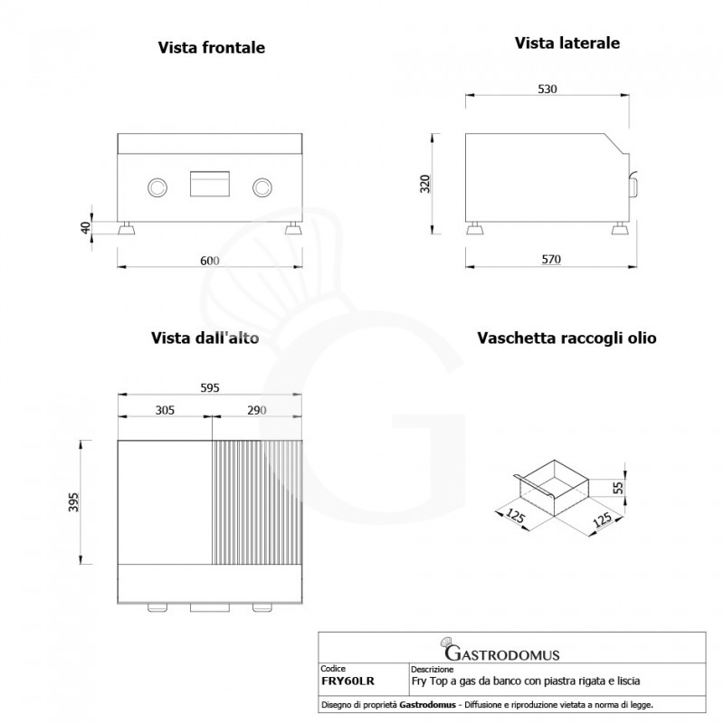 Fry top a gas da banco con piastra liscia e rigata - dimensioni L 600 mm x P 580 mm x H 305 mm