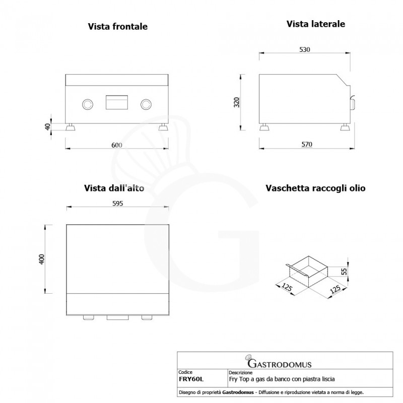 Fry top a gas da banco con piastra liscia - dimensioni L 600 mm x P 580 mm x H 305 mm vista frontale laterale e dall'alto