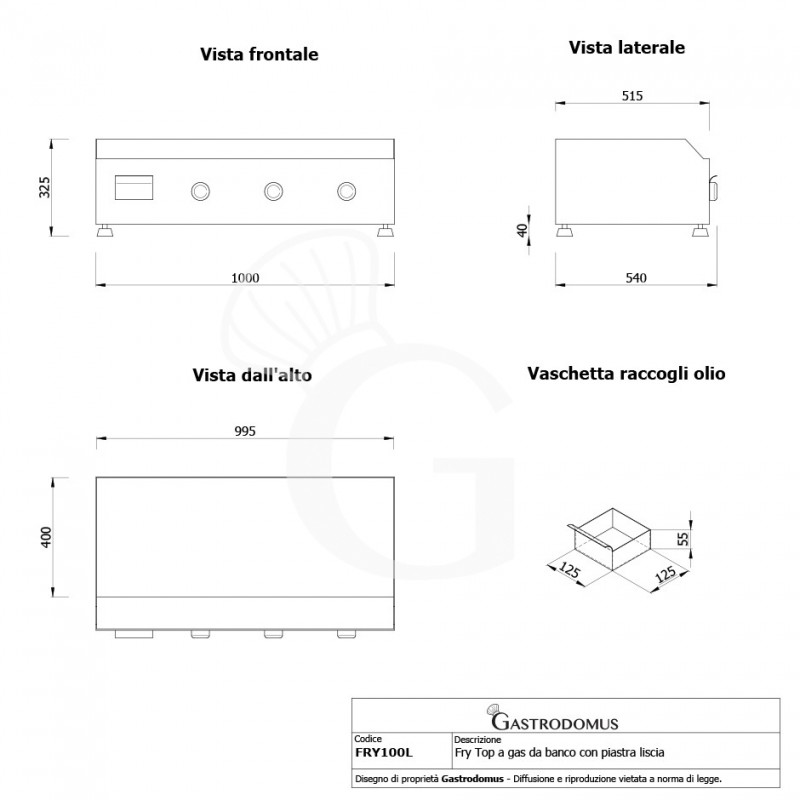 Fry top a gas da banco con piastra liscia - dimensioni L 1000 mm x P 580 mm  x H 305 mm - vista frontale laterale