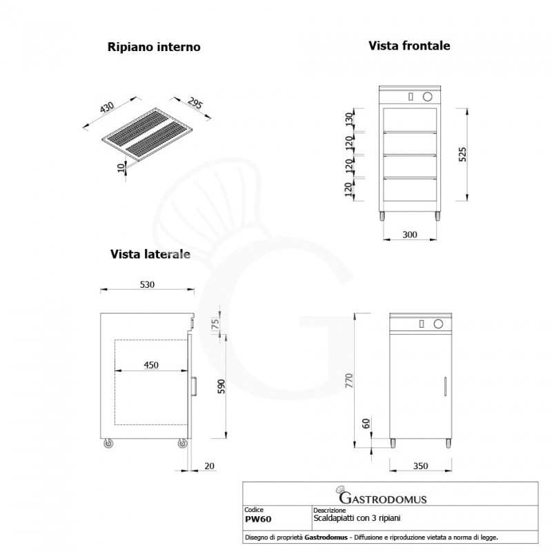 Scaldapiatti con 3 ripiani  - dimensioni L 350 x P 530 x H 770 mm - vista frontale e laterale