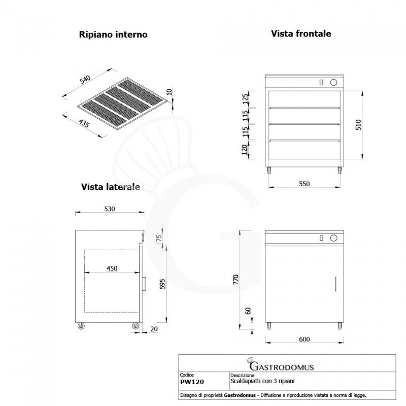 Scaldapiatti con 3 ripiani - dimensioni L 600 mm x P 530 mm x H 770 mm - vista frontale e laterale