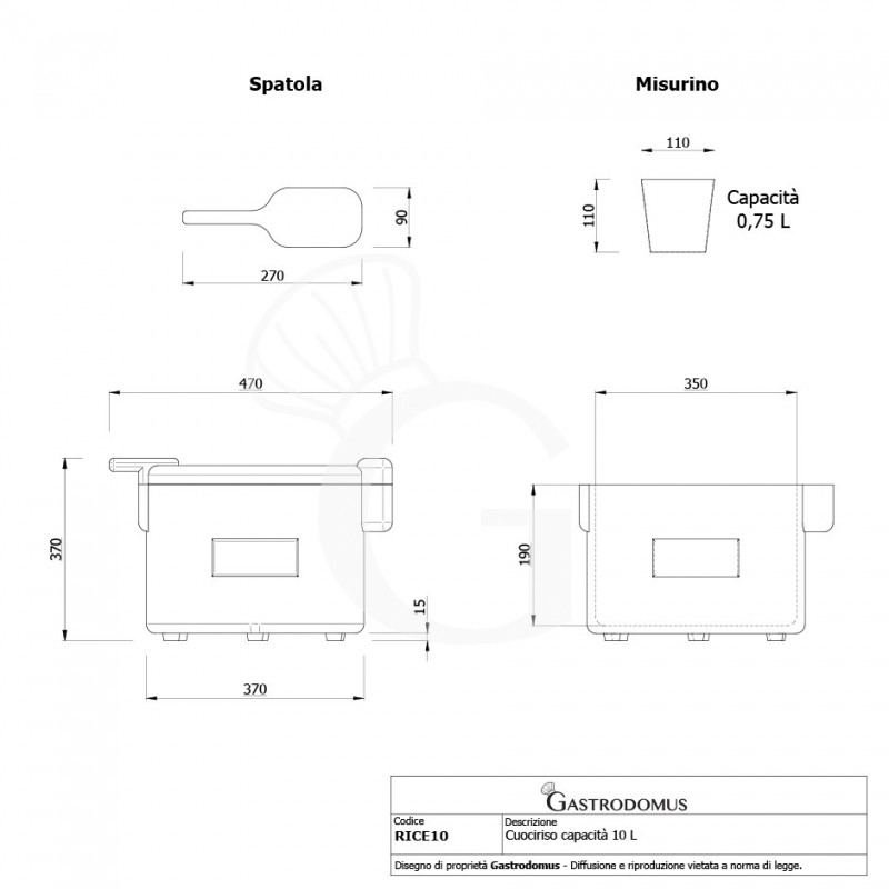 Cuociriso capacità 10 LT diametro 470 mm x H 370 mm 1.6 KW vista frontale