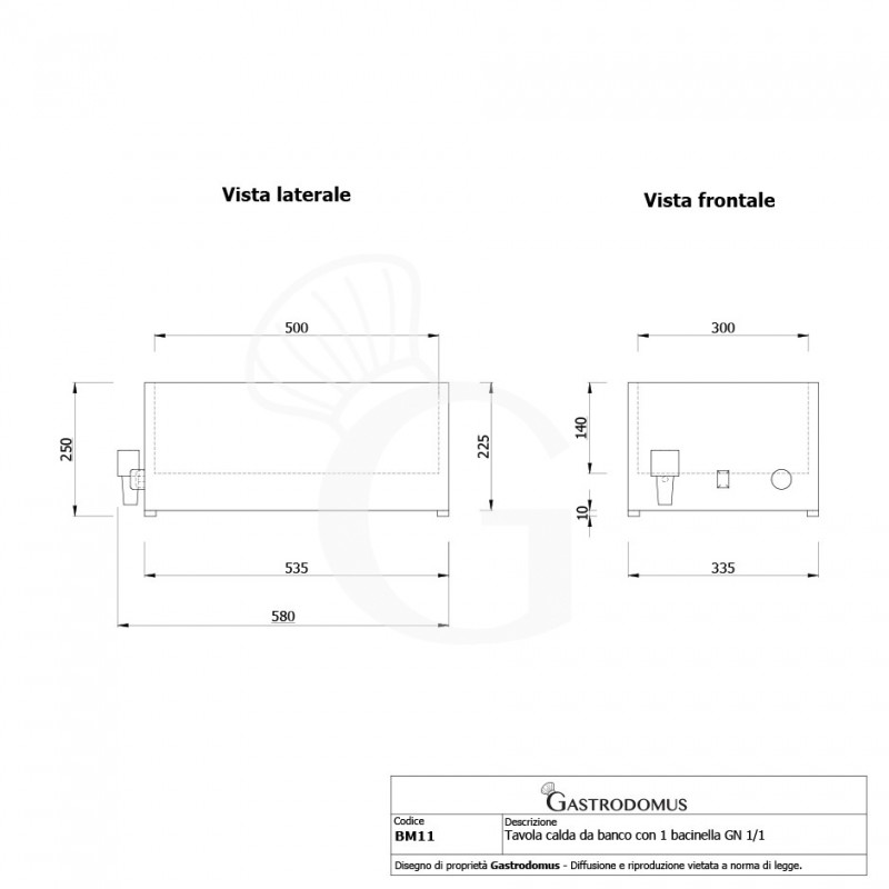 Tavola calda da banco con 1 bacinella GN1/1 H 15 cm e coperchio inclusi , L 335 mm  x P 580 mm x H 250 mm