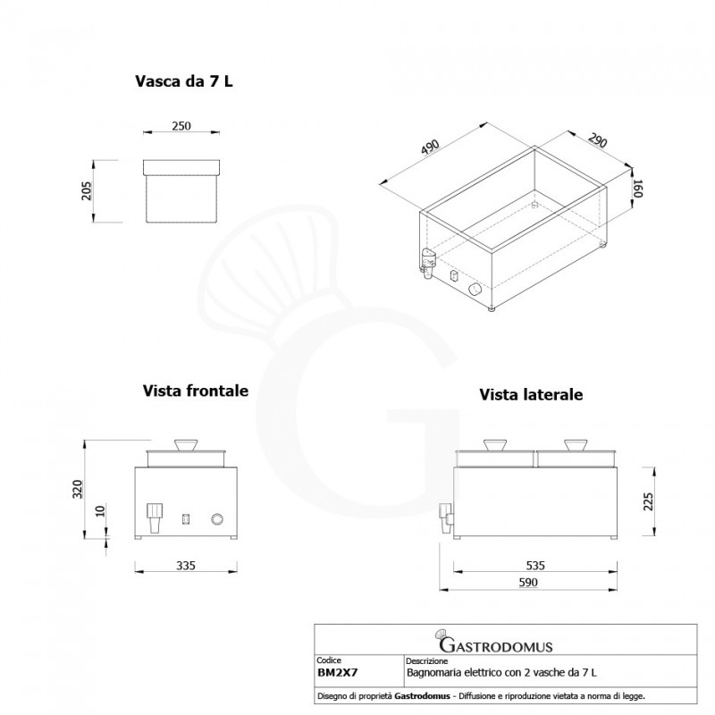 Bagnomaria elettrico 2 vasche da 7 L ciascuna - 1200 W, dimensioni L 335 mm x P 535 mm x H 320 mm vista frontale e laterale