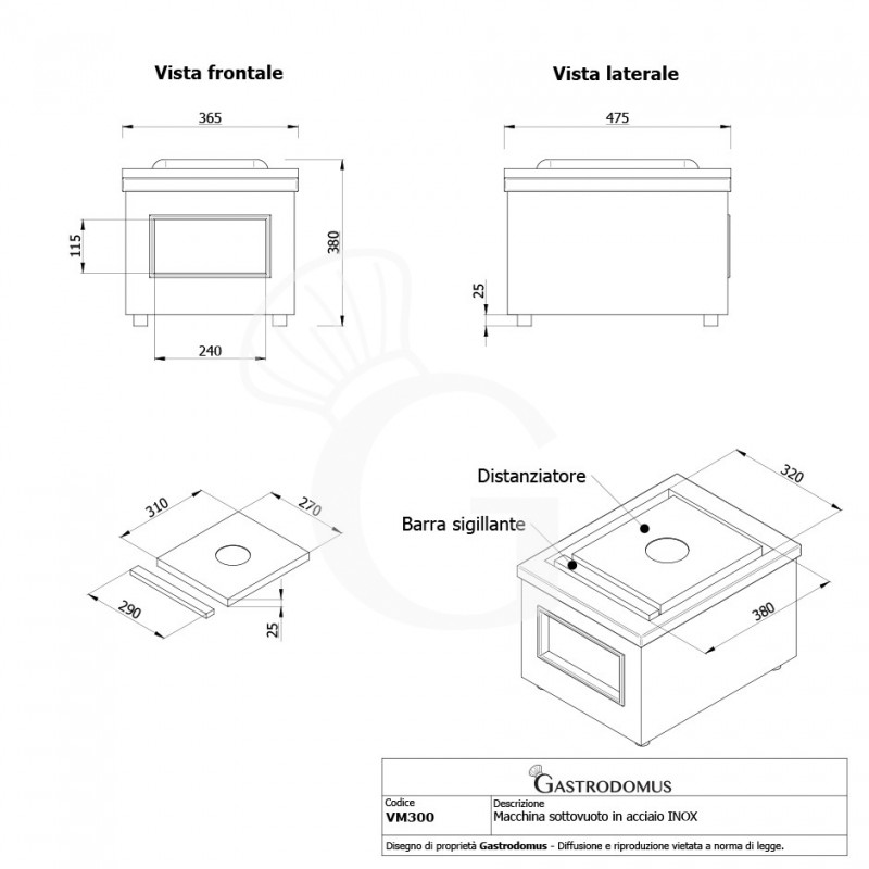 Macchina sottovuoto in acciaio inox AISI 201 - dimensioni L 510 mm x P 370 mm x H 390 mm - vista frontale e laterale
