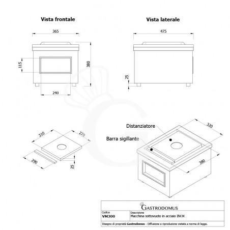 Macchina sottovuoto in acciaio inox AISI 201 - dimensioni L 510 mm x P 370 mm x H 390 mm - vista frontale e laterale Macchina sottovuoto in acciaio inox AISI 201 - dimensioni L 510 mm x P 370 mm x H 390 mm - vista frontale e laterale