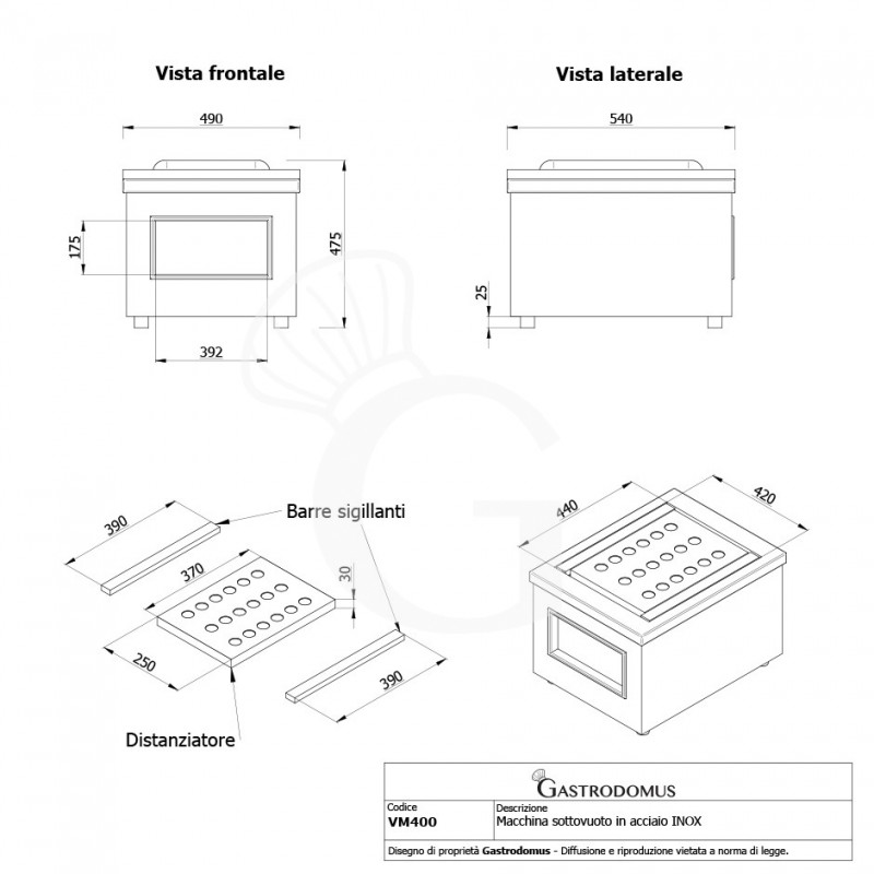 Macchina sottovuoto in acciaio inox AISI 201 - dimensioni L 490 mm x P 540 mm x H 475 mm - vista frontale e laterale