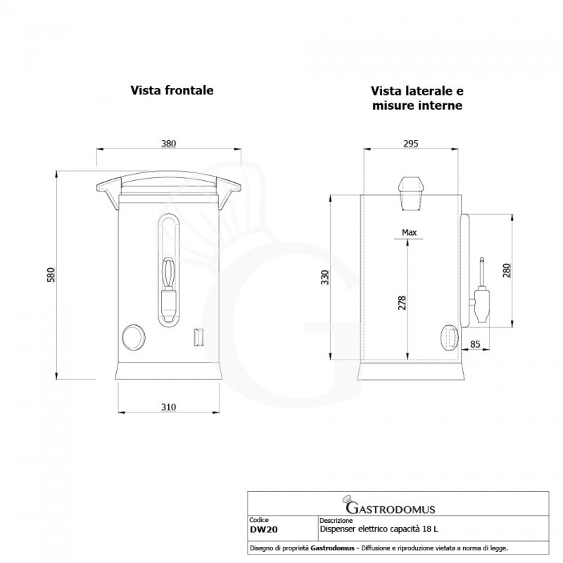 Bollitore elettrico in acciaio inox con capacità 18 L - vista frontale e laterale