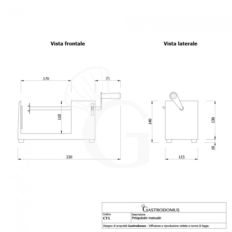 Pelapatate manuale adatto per il tornado potato L 250 x P 120 x H 140 mm - vista frontale e laterale