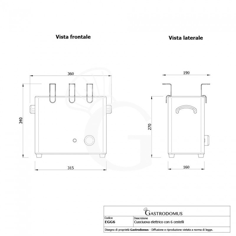Cuociuova elettrico in acciaio inox con capacità 6 cestelli - dimensioni L 360 mm x P 190 mm x H 340 mm - 2.6 KW