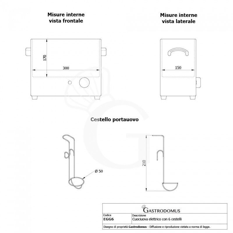 Cuociuova elettrico in acciaio inox con capacità 6 cestelli - dimensioni L 360 mm x P 190 mm x H 340 mm - 2.6 KW