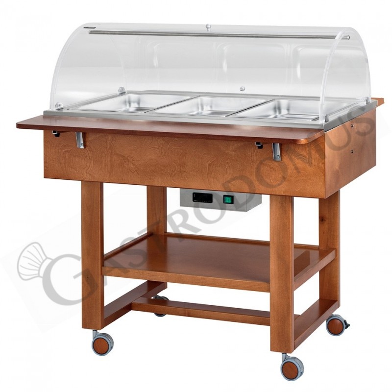 Espositore caldo bagnomaria in noce con cupola per 3 bacinelle GN1/1 e temperatura +30°C/+90°C Espositore caldo bagnomaria in noce con cupola per 3 bacinelle GN1/1 e temperatura +30°C/+90°C