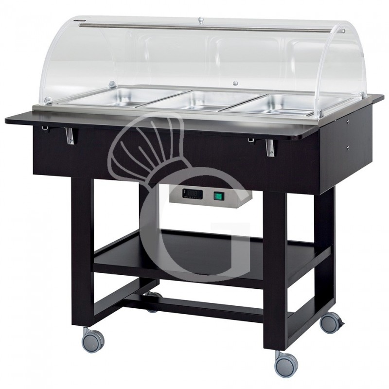 Espositore caldo bagnomaria in noce con cupola per 3 bacinelle GN1/1 e temperatura +30°C/+90°C
