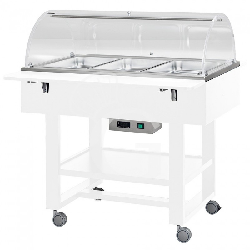 Espositore caldo bagnomaria in noce con cupola per 3 bacinelle GN1/1 e temperatura +30°C/+90°C