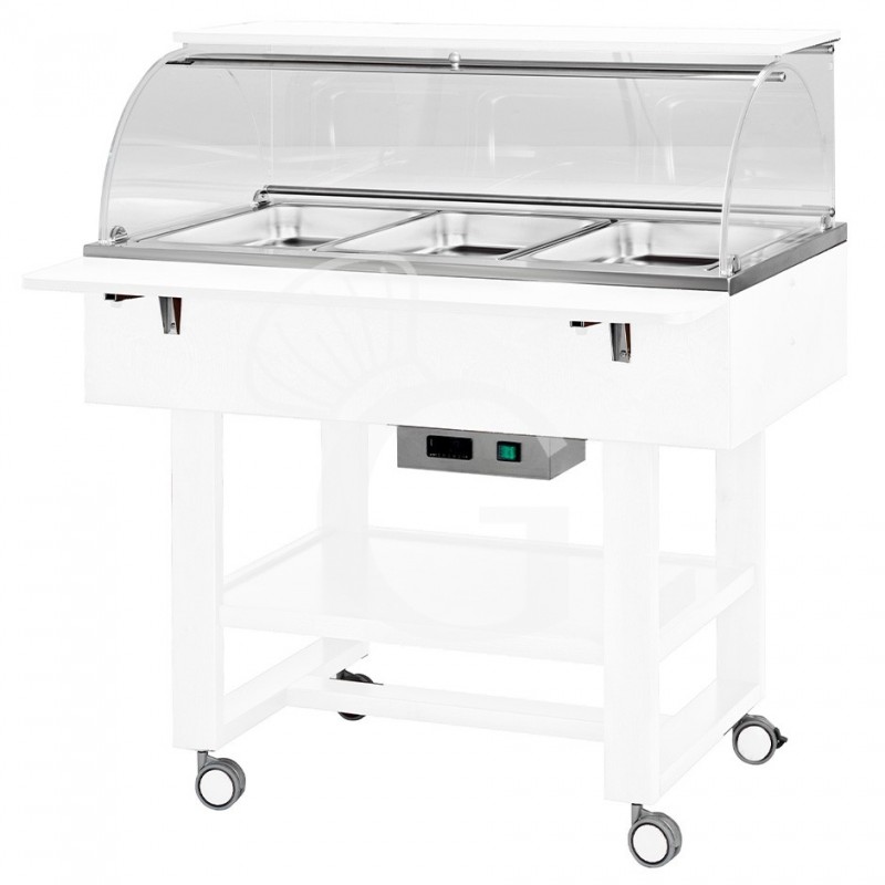 Espositore caldo bagnomaria in noce con cupola e mensola per 3 bacinelle GN1/1 e temperatura +30°C/+90°C