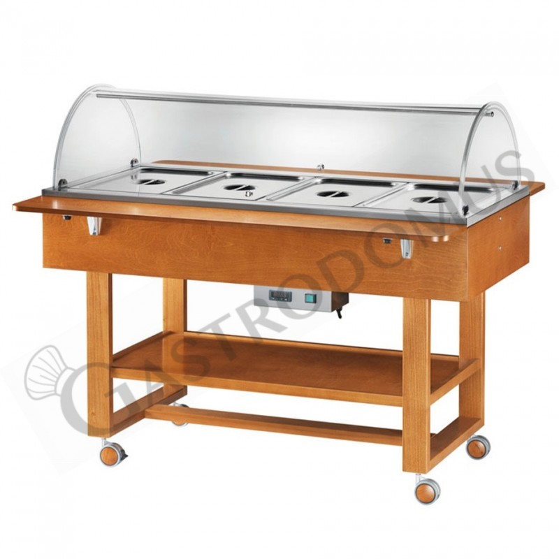 Espositore caldo bagnomaria in legno con cupola per 4 bacinelle GN1/1 e temperatura +30°C/+90°C Espositore caldo bagnomaria in legno con cupola per 4 bacinelle GN1/1 e temperatura +30°C/+90°C
