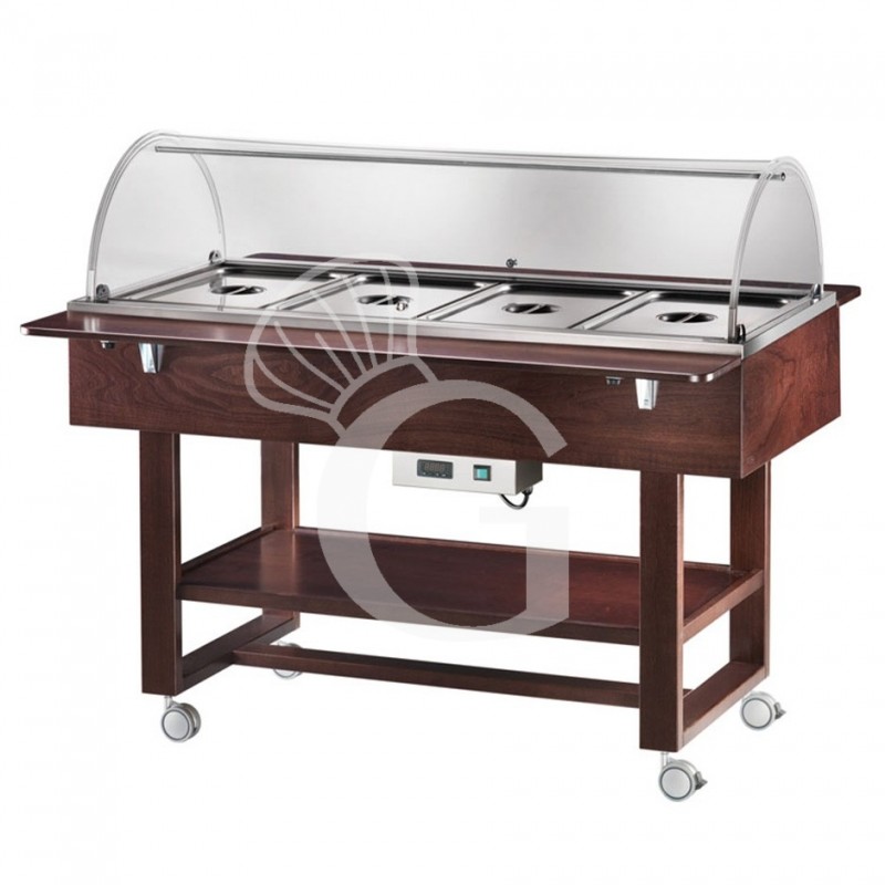 Espositore caldo bagnomaria in legno con cupola per 4 bacinelle GN1/1 e temperatura +30°C/+90°C