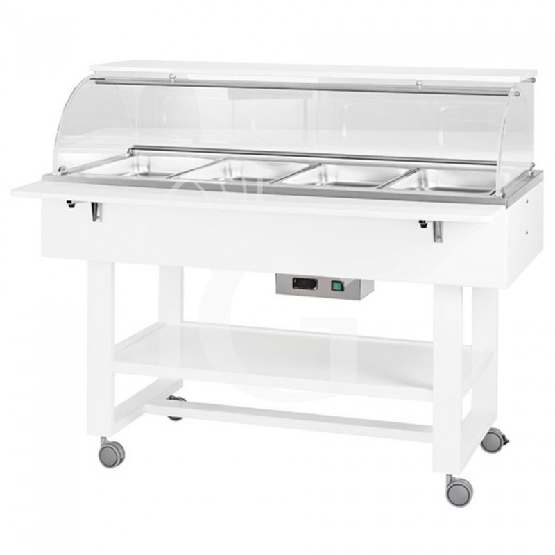 Espositore caldo bagnomaria in legno con cupola e mensola per 4 bacinelle GN1/1 e temperatura +30°C/+90°C