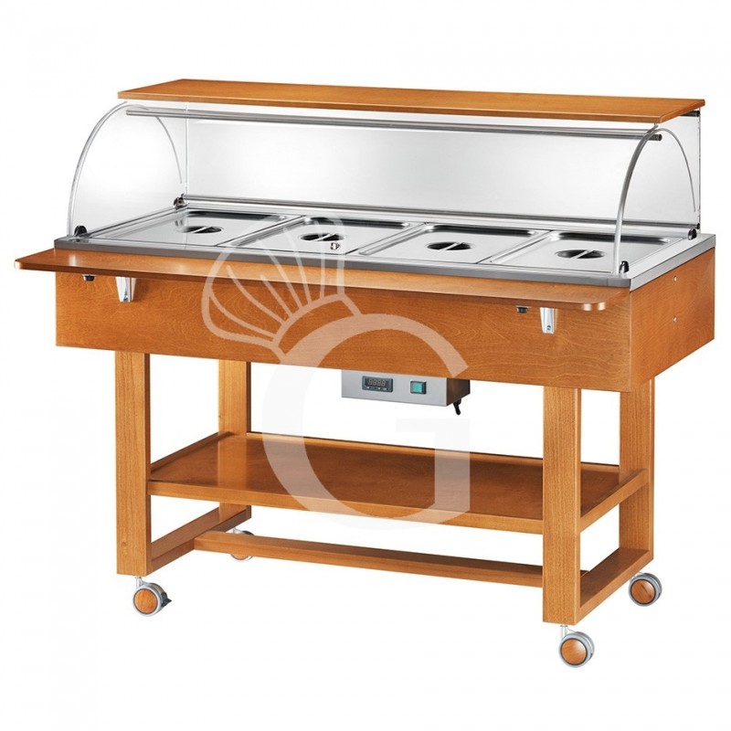 Espositore caldo bagnomaria in legno con cupola e mensola per 4 bacinelle GN1/1 e temperatura +30°C/+90°C Espositore caldo bagnomaria in legno con cupola e mensola per 4 bacinelle GN1/1 e temperatura +30°C/+90°C