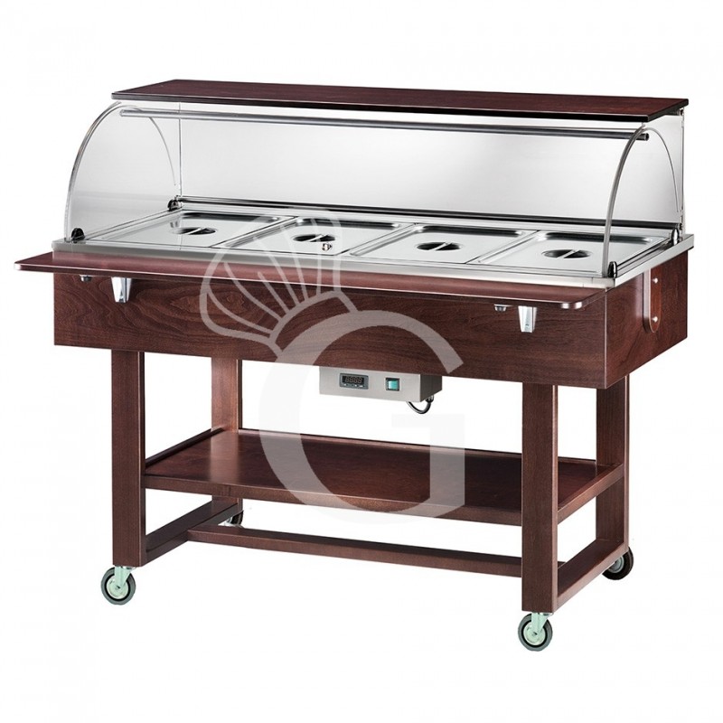Espositore caldo bagnomaria in legno con cupola e mensola per 4 bacinelle GN1/1 e temperatura +30°C/+90°C