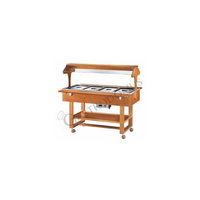 Espositore caldo bagnomaria in legno con cupola per 4 bacinelle GN1/1, temperatura +30°C/+90°C Espositore caldo bagnomaria in legno con cupola per 4 bacinelle GN1/1, temperatura +30°C/+90°C
