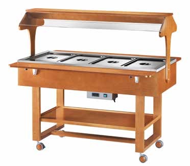 Espositore caldo bagnomaria in legno con cupola per 4 bacinelle GN1/1, temperatura +30°C/+90°C