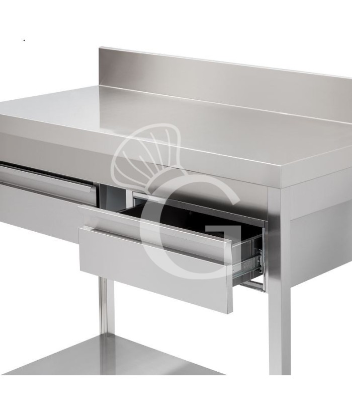 Tavolo inox ripiano alzatina 2 cassetti L 1200 mm x P 700 mm x H 965 mm