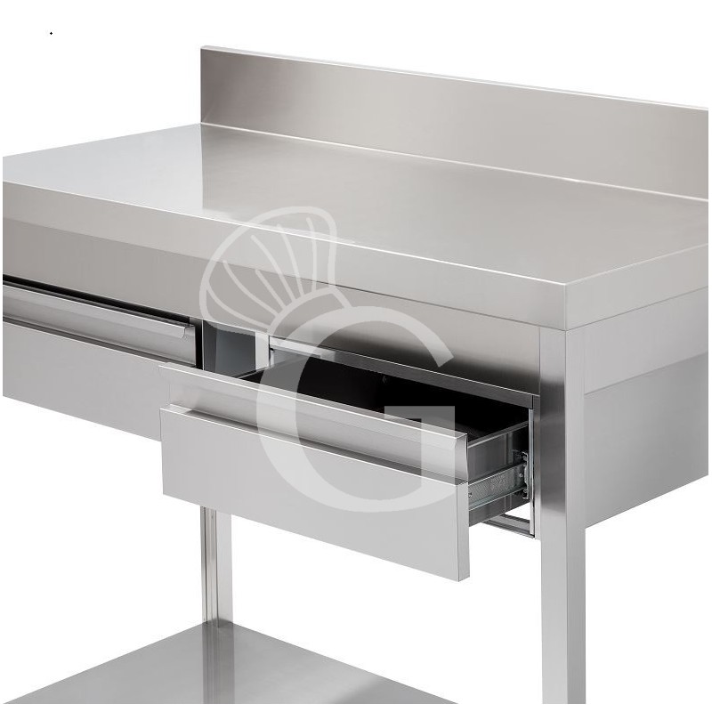 Tavolo inox ripiano alzatina 2 cassetti L 1300 mm x P 700 mm x H 965 mm