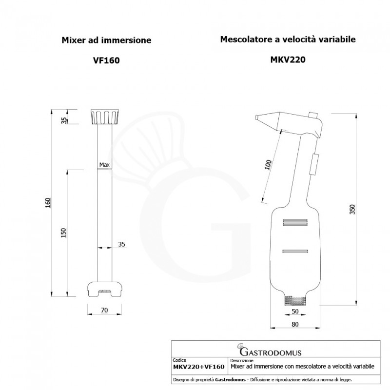 Mixer ad immersione con mescolatore velocità variabile 220 W - 2500 / 5000 rpm - vista frontale