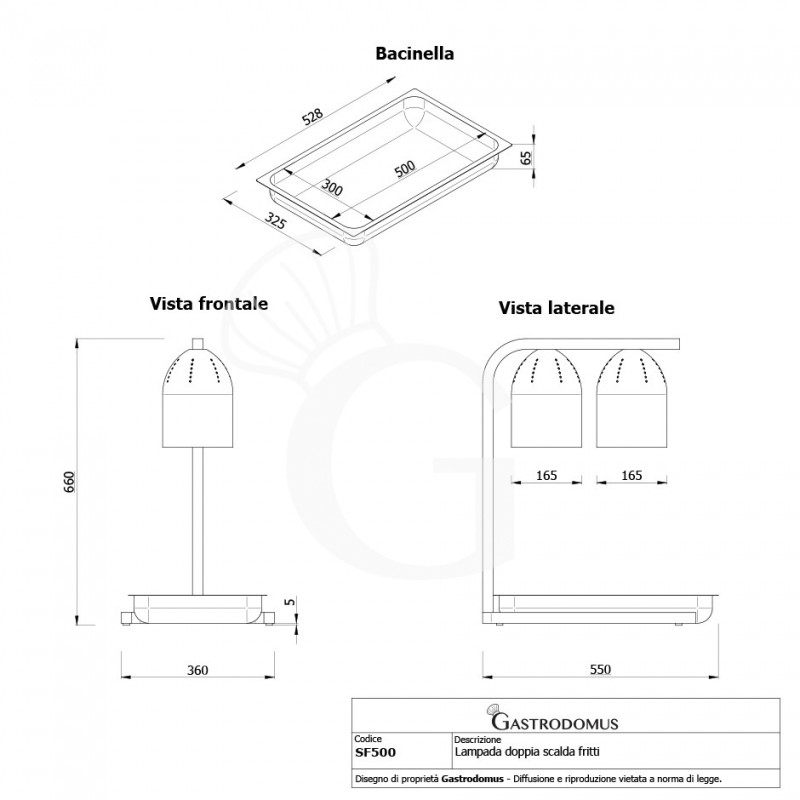 Lampada doppia scalda fritti - dimensioni L 550 x P 360 x H 660 mm - vista frontale e laterale