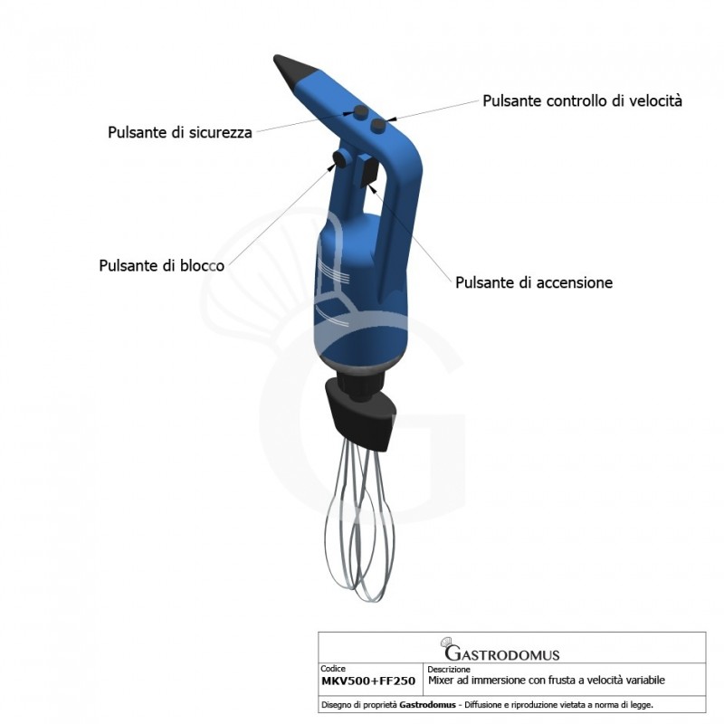 Mixer ad immersione con frusta velocità variabile 500 W - 2000/14000 rpm - vista frontale