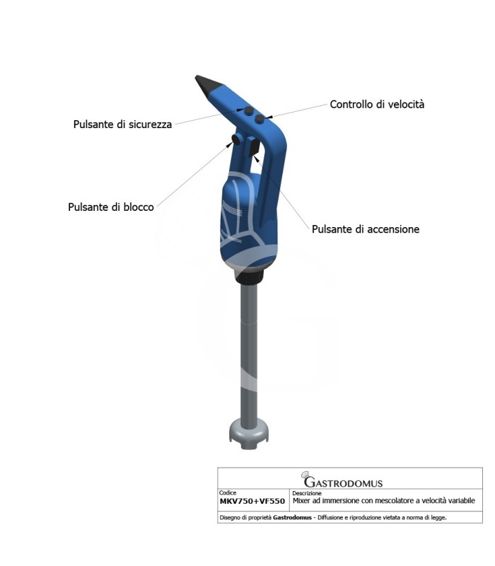Mixer ad immersione con mescolatore velocità variabile 750 W - 8000/20000 rpm - vista frontale