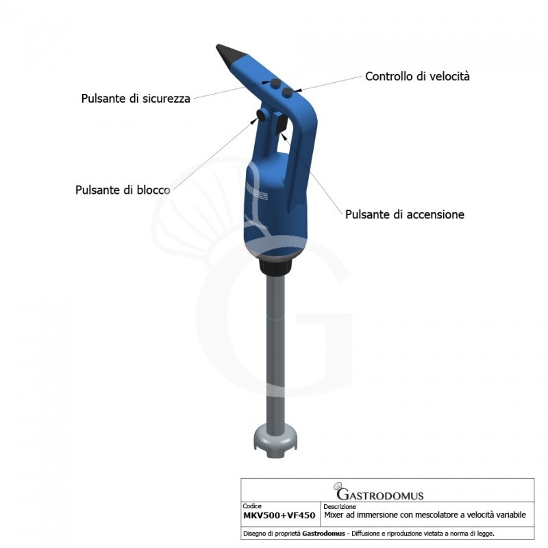 Mixer ad immersione con mescolatore velocità variabile 500 W - 2000/14000 rpm - vista frontale