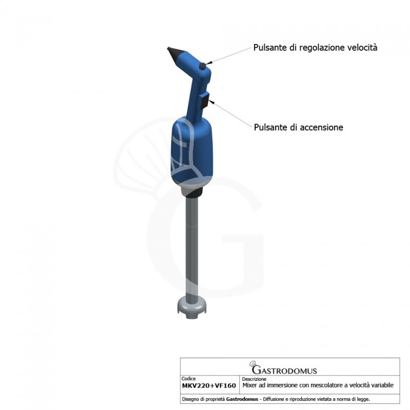 Mixer ad immersione con mescolatore velocità variabile 220 W - 2500 / 5000 rpm - vista frontale