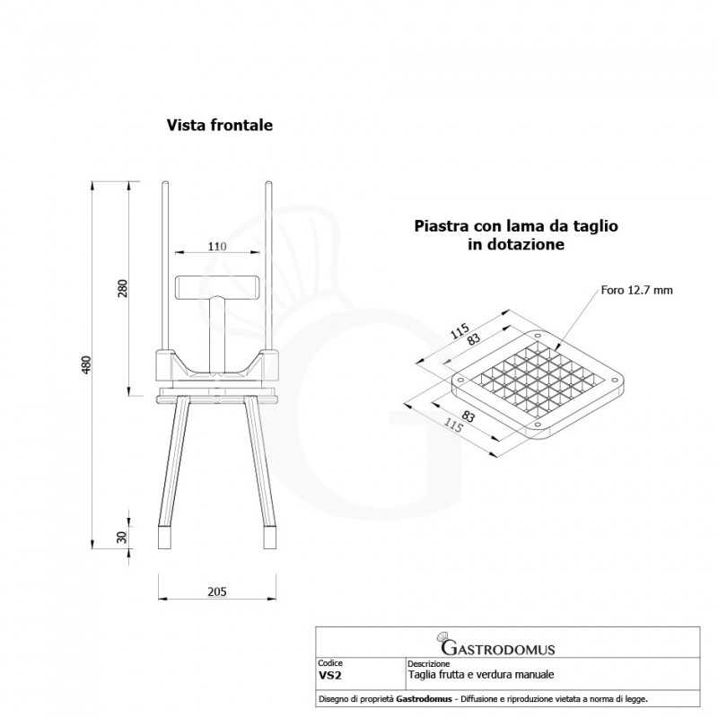 Taglia frutta e verdura manuale bastoncini L 205 mm x P 205 mm x H 480 mm - vista frontale