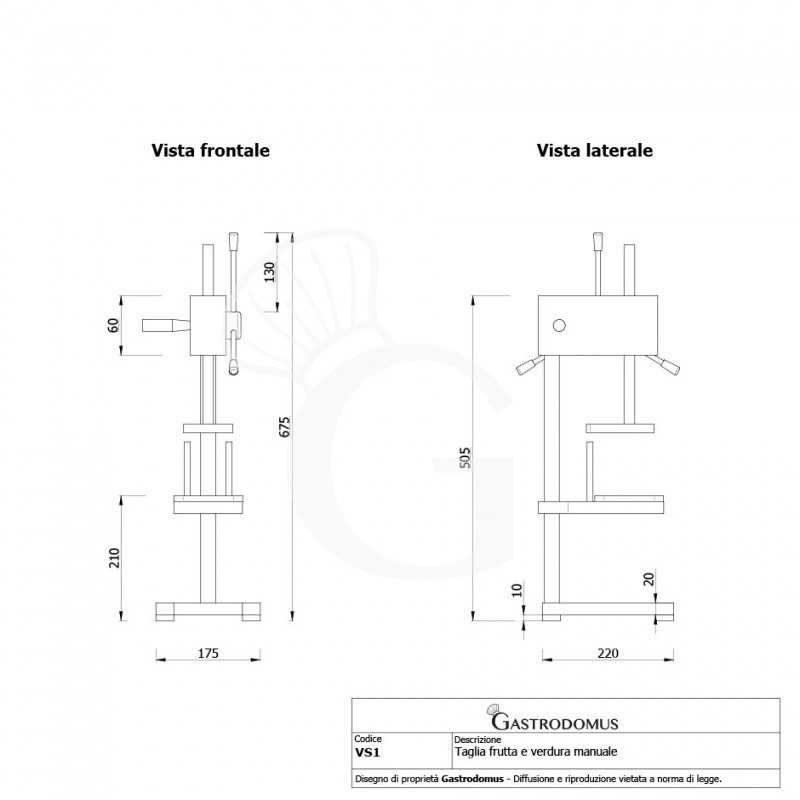 Taglia frutta e verdura manuale bastoncini - dimensioni L 220 mm x P 175 mm x H 675 mm - vista frontale e laterale
